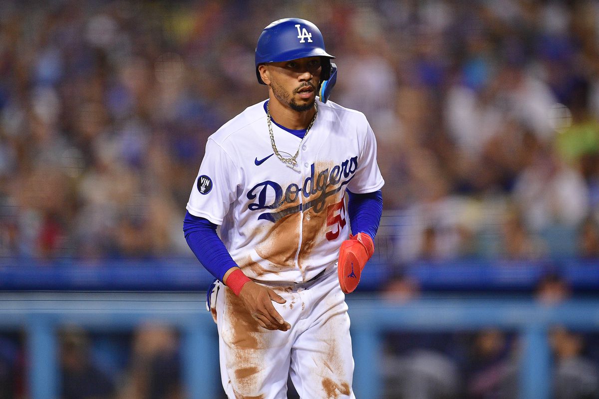 Los Angeles Dodgers right fielder Mookie Betts (50) reacts after scoring a run against the Minnesota Twins during the fifth inning at Dodger Stadium.&nbsp;