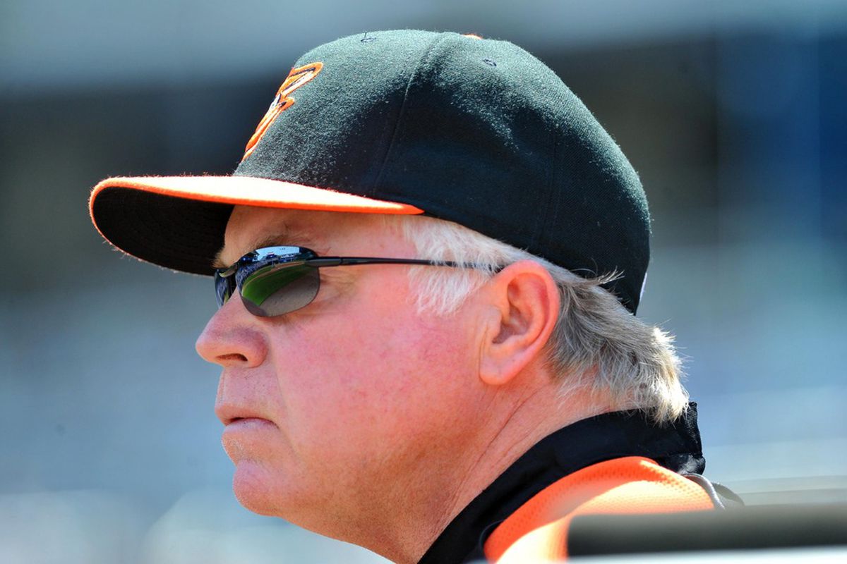 May 17, 2012; Kansas City, MO, USA; Baltimore Orioles manager Buck Showalter (26) watches the team take the field during the first inning of the game against the Kansas City Royals at Kauffman Stadium. Mandatory Credit: Denny Medley-US PRESSWIRE