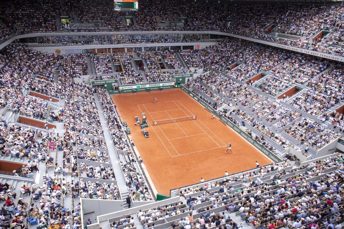 A general view of Coco Gauff of the United States in action against Iga Swiatek of Poland during the Singles Final for Women on Court Philippe Chatrier at the 2022 French Open Tennis Tournament at Roland Garros on June 4th 2022 in Paris, France
