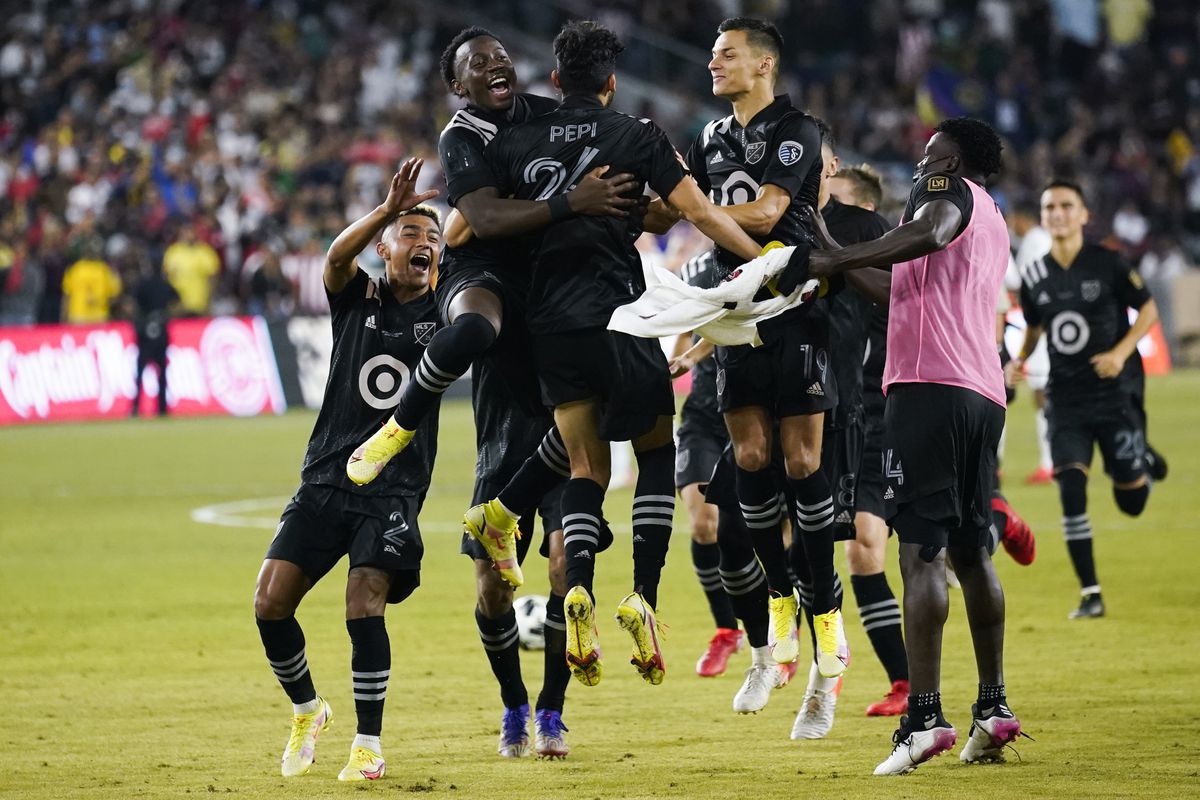 MLS All-Star players celebrate after FC Dallas forward Ricardo Pepi (24) scored the winning goal in a penalty shoot out against the Liga MX All-Stars during the MLS All-Star Game in Los Angeles.