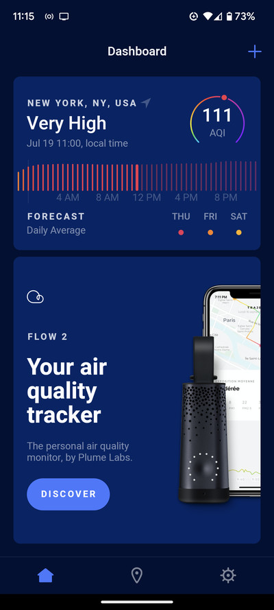 Apps with dark blue background, showing Very High AQI rating in New York, NY, UsA on top, and ad reading Your air quality tracker below.