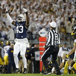 Penn State's Manny Bowen (43) celebrates after a sack against Michigan during the second half of an NCAA college football game in State College, Pa., Saturday, Oct. 21, 2017. Penn State won 42-13. (AP Photo/Chris Knight)
