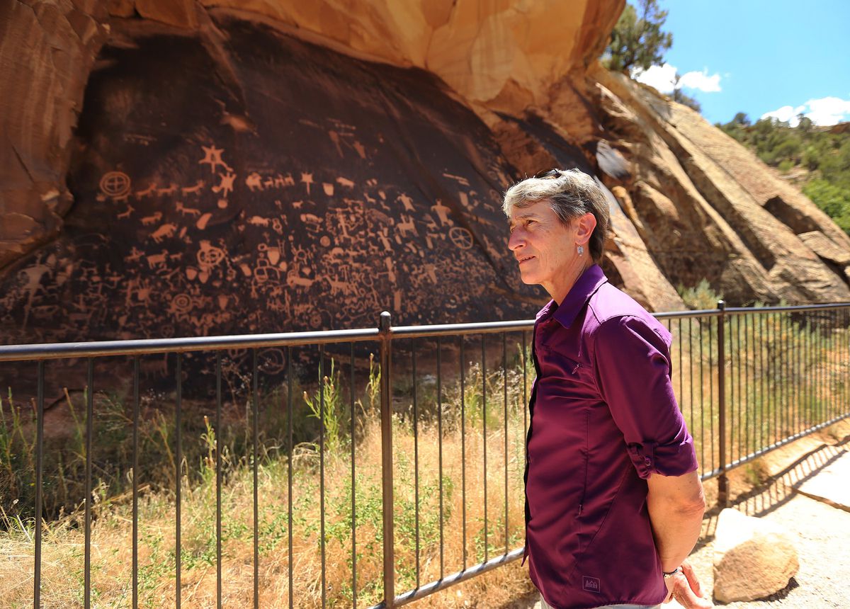 Interior Secretary Sally Jewell makes a stop at Newspaper Rock during her visit to Canyon Country in southern Utah on Thursday, July 14, 2016.