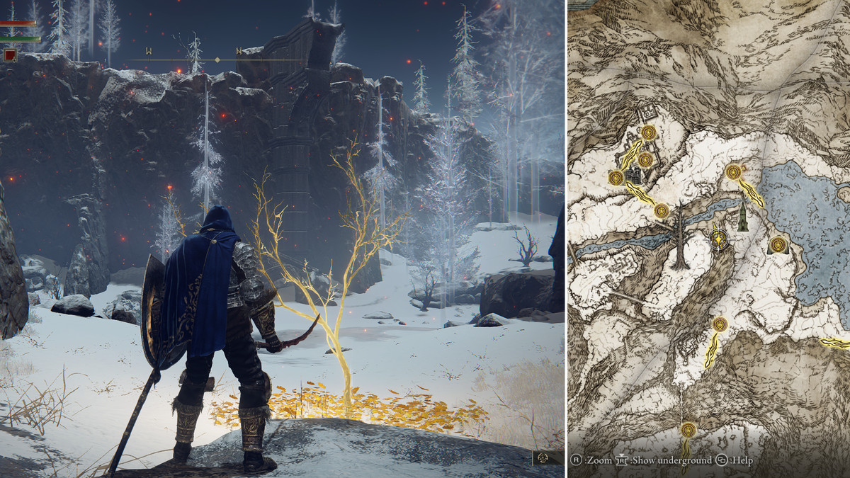 Split image showing map and Freezing Lake Golden Seed location 