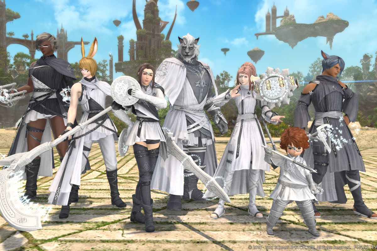 A group of characters, all wearing white, from Final Fantasy 14 Online’s December patch update