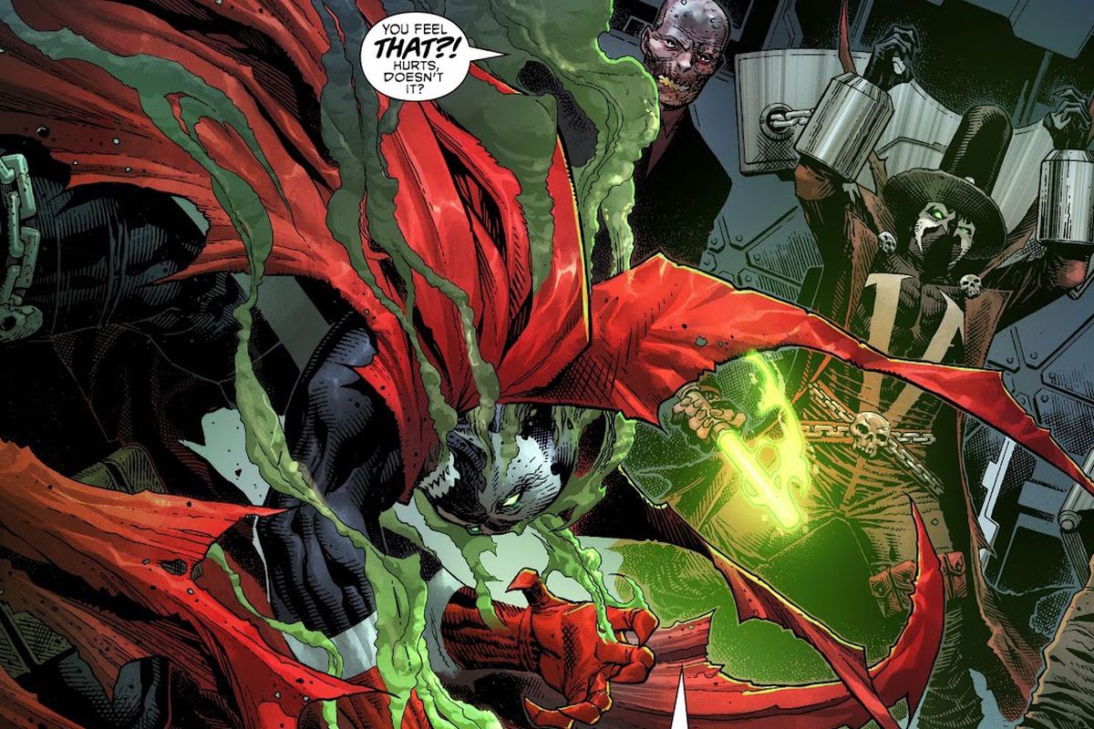 Spawn doubles over in pain as his foe taunts him. Also in the room: Gunslinger and Sinn, in Spawn’s Universe #1 (2021).
