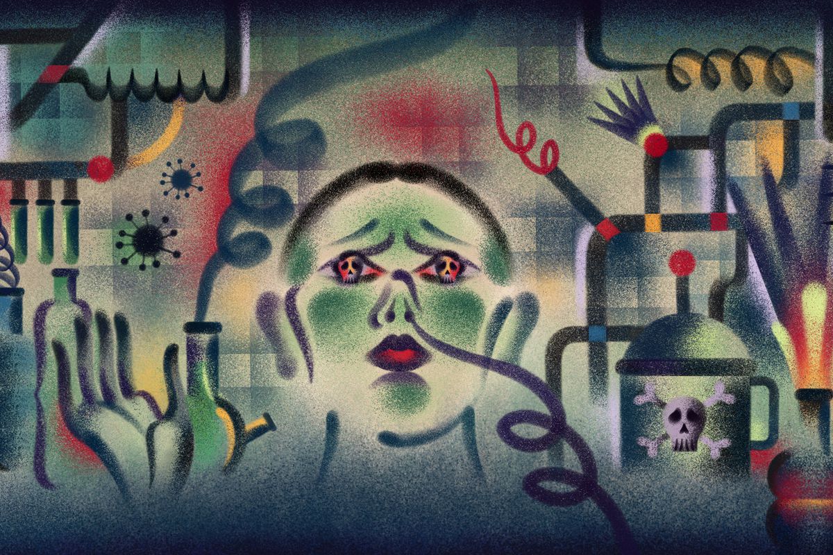 Digital art made up of grays, blues, and greens, with red and yellow accents. Depicts a human face, slightly upturned, surrounded by bottles and a french press with an emblem of a skull and crossbones. Smoke curls out of a bottle and the face’s right nostril.