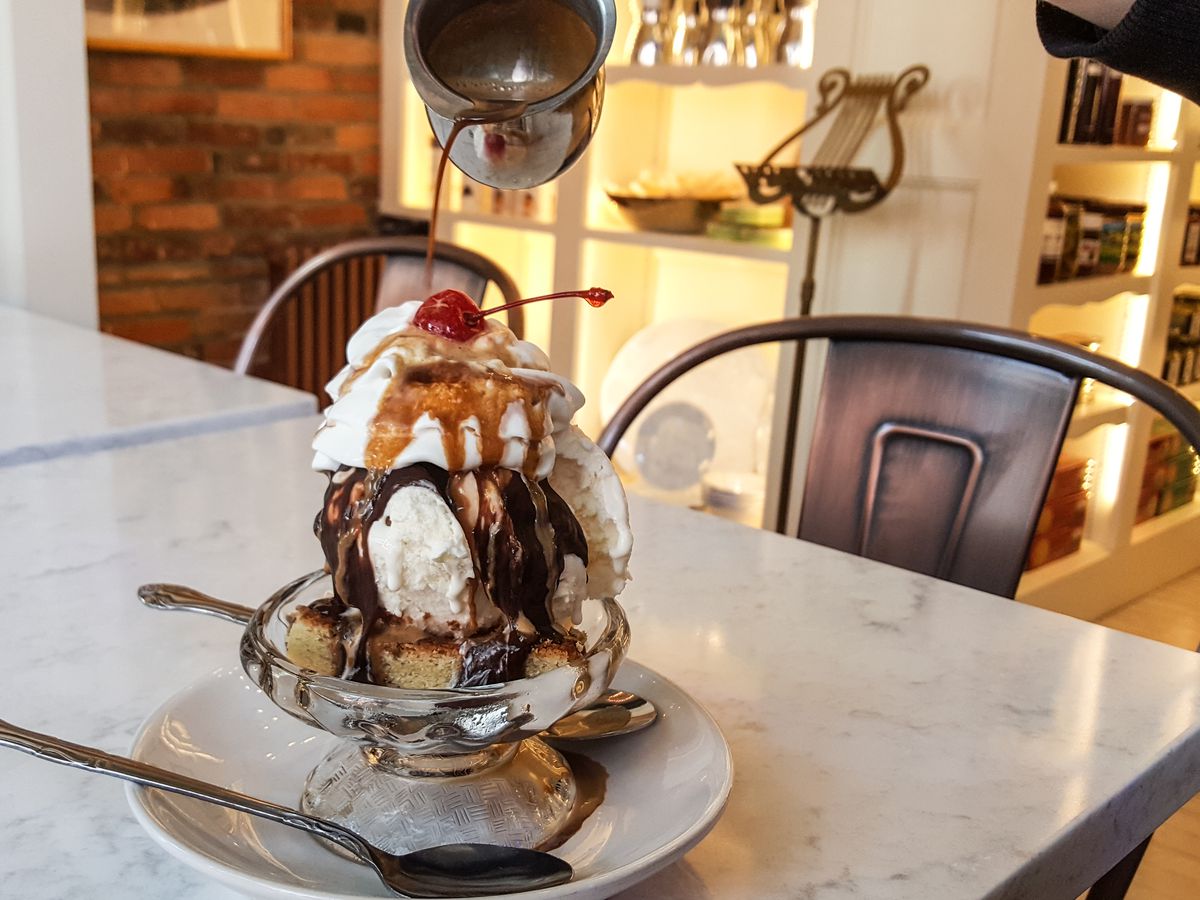 The Olivier, an espresso-topped sundae at Fezziwig’s Food &amp; Fountain