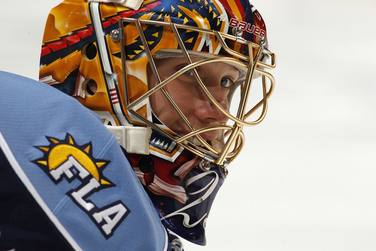 SUNRISE, FL - SEPTEMBER 19: Goaltender Jacob Markstrom #25 of the Florida Panthers watches the Nashville Predators warm up on September 19, 2011 at the BankAtlantic Center in Sunrise, Florida. (Photo by Joel Auerbach/Getty Images)