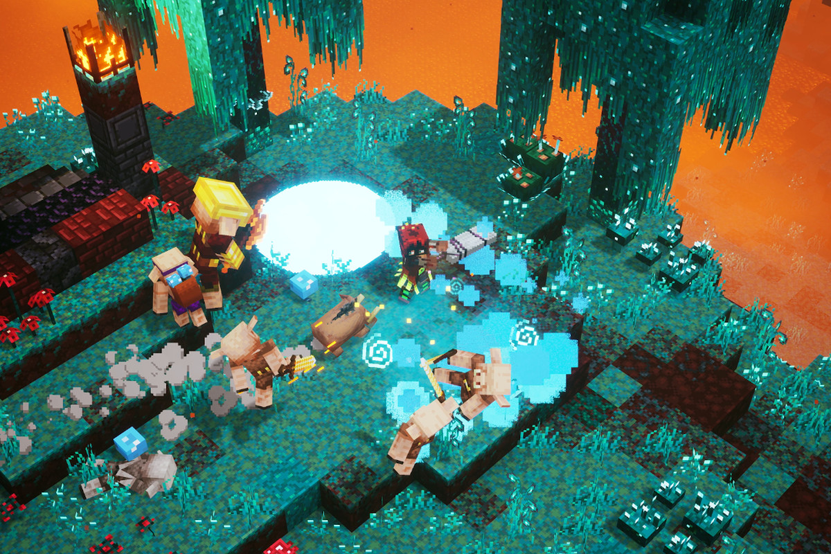 Voxel characters run around a garden floating over lava. 