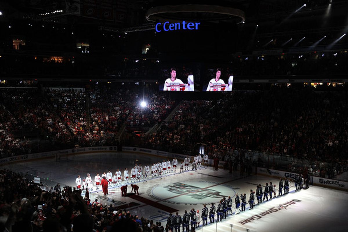 RALEIGH NC - JANUARY 30:  Team Staal and Team Lidstrom line up for the Canadian and United States national anthems prior to in the 58th NHL All-Star Game at RBC Center on January 30 2011 in Raleigh North Carolina.  (Photo by Harry How/Getty Images)