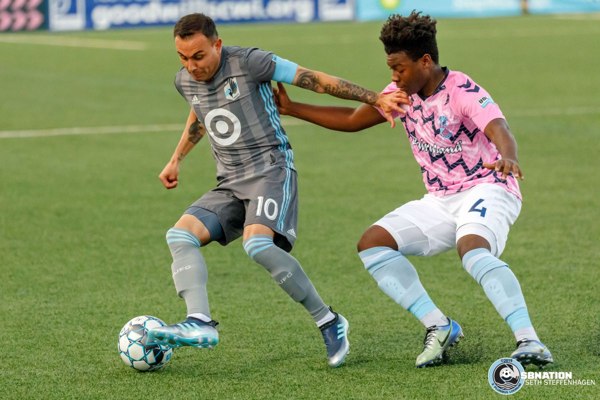 June 25, 2019 - Madison, Wisconsin, United States - Minnesota United midfielder Miguel Ibarra (10) dribbles the ball during the Forward Madison FC vs Minnesota United FC friendly match at Breese Stevens Field. 
