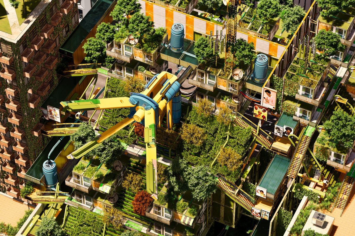 A rendering of an aerial view of apartment buildings with a futuristic garden in the courtyard