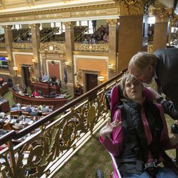 Doug Rice, vice president of the Epilepsy Association of Utah, speaks to his daughter, Ashley, who has epilepsy, during debate on HB197 in the House chamber at the Capitol in Salt Lake City on Friday, Feb. 9, 2018. HB197, which would have the Department of Agriculture contract with a third party to oversee the growing and processing of full-strength cannabis in the state, was rejected on a 36-34 vote.