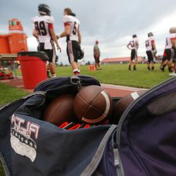 Equipment on the sideline during the Alta and East prep football game in Salt Lake City, Friday, Aug. 23, 2013.