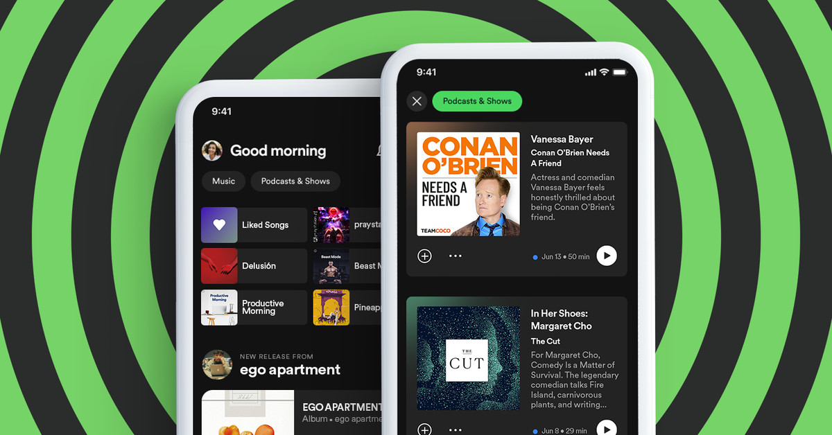 Spotify’s new app design splits up music and podcasts