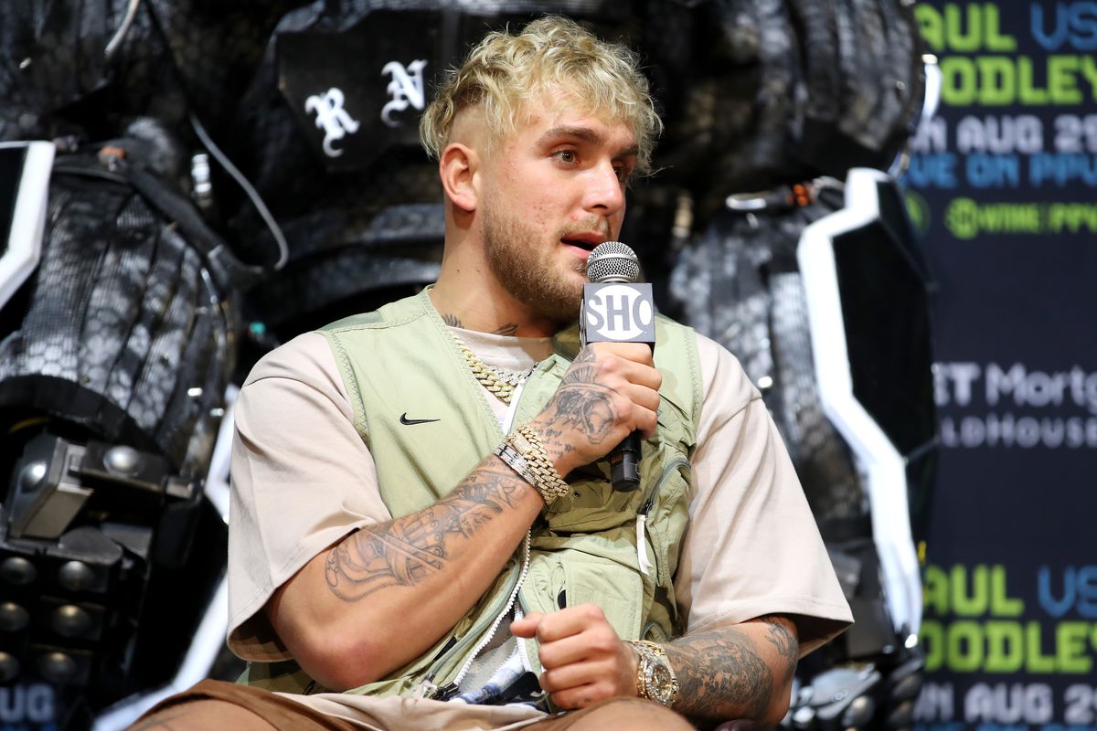 Jake Paul speaks to media during a press conference before his cruiserweight fight against Tyron Woodley at The Novo by Microsoft at L.A. Live on July 13, 2021 in Los Angeles, California.