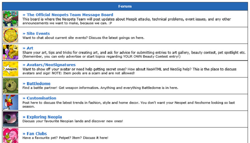 The Neopets forum landing page.