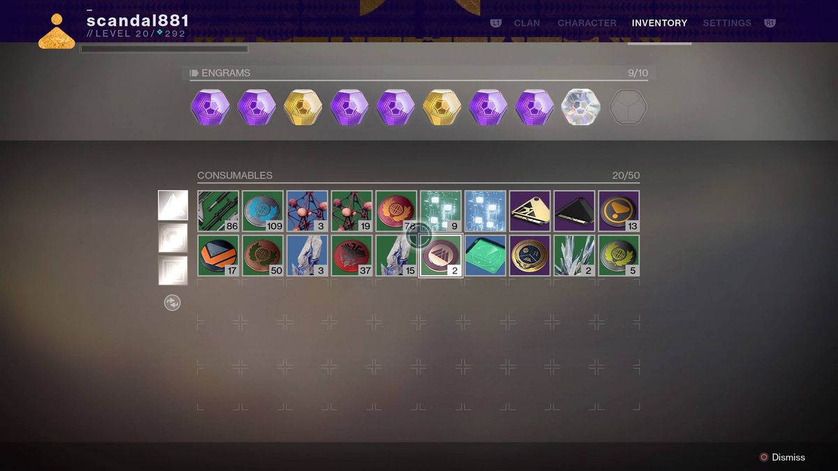 Destiny 2 - inventory screen with nine engrams and 20 consumables