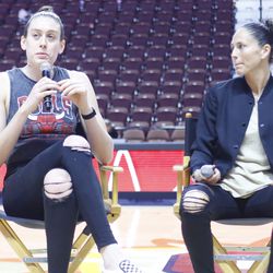The Seattle Storm’s Breanna Stewart answers a question during a postgame Q&A.
