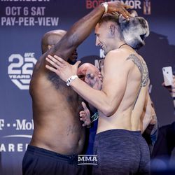 Derrick Lewis and Alexander Volkov tangle at UFC 229 ceremonial weigh-ins.