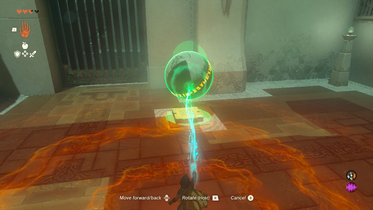 Links places a ball on an obvious button in the Tukarok Shrine in Zelda Tears of the Kingdom.