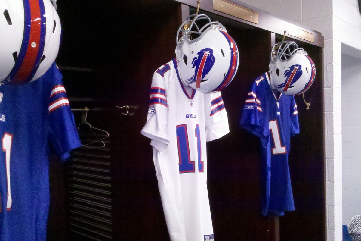 The new Buffalo Bills uniform design, as displayed in the team locker room. Photo by Brian Galliford, June 24, 2011.