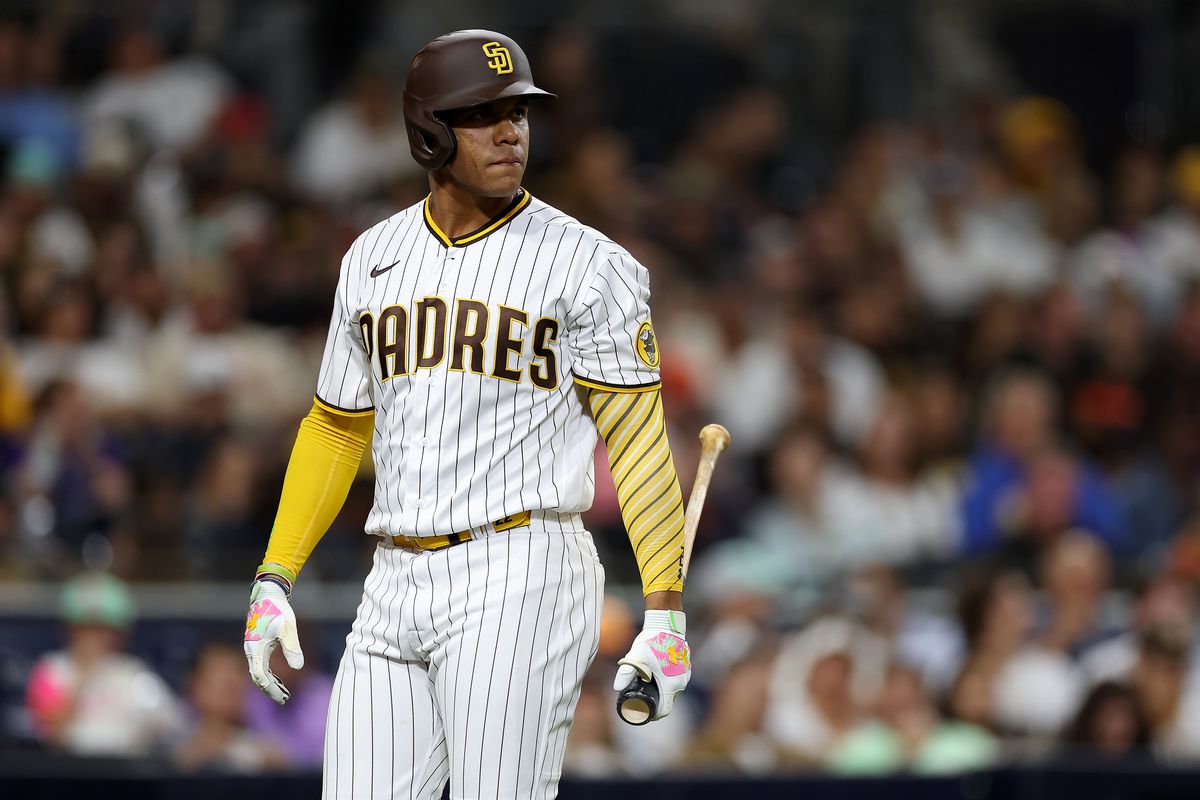 Juan Soto of the San Diego Padres looks on during a game against the San Francisco Giants at PETCO Park on October 03, 2022 in San Diego, California.