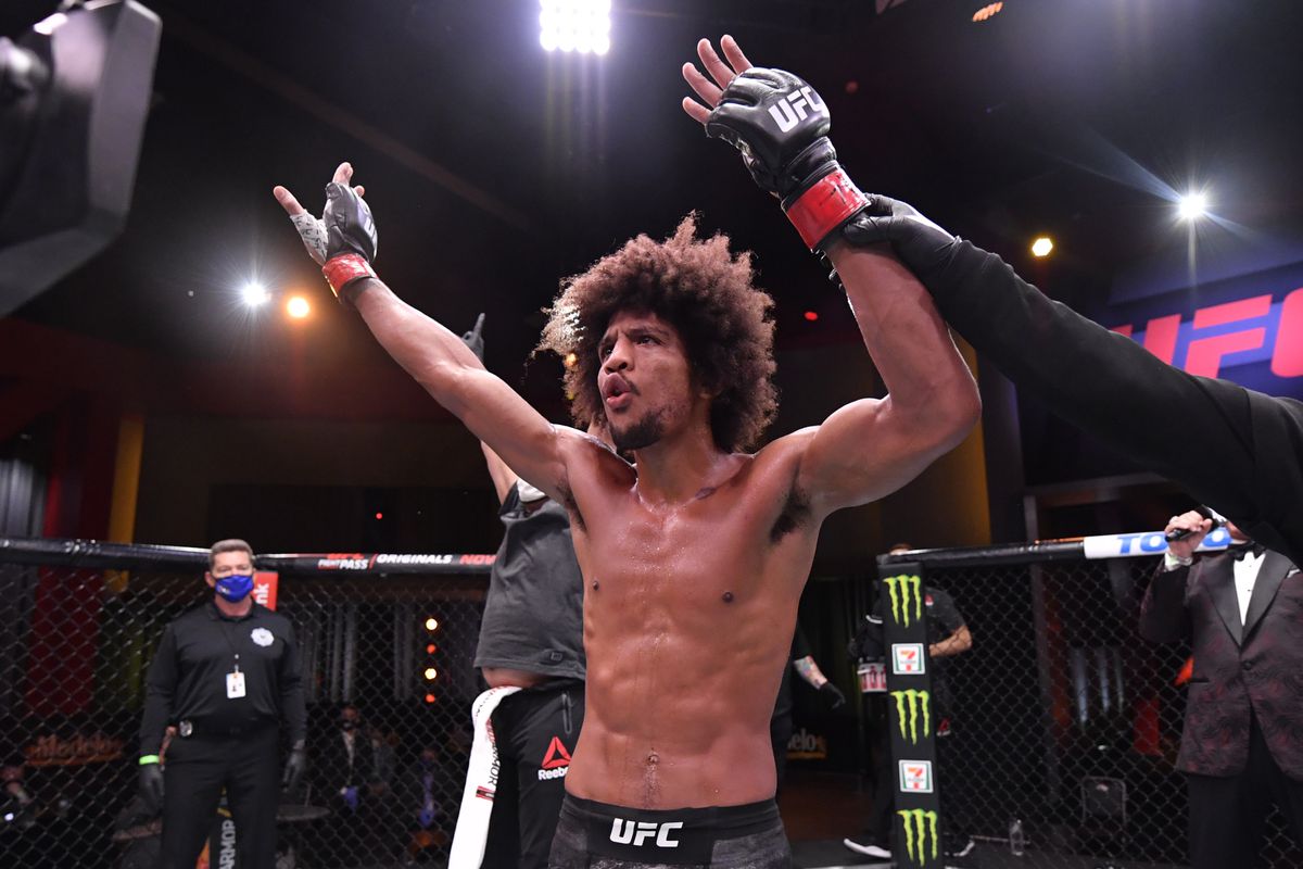 Alex Caceres celebrates after his victory over Chase Hooper in their featherweight bout during the UFC 250 event at UFC APEX on June 06, 2020 in Las Vegas, Nevada.