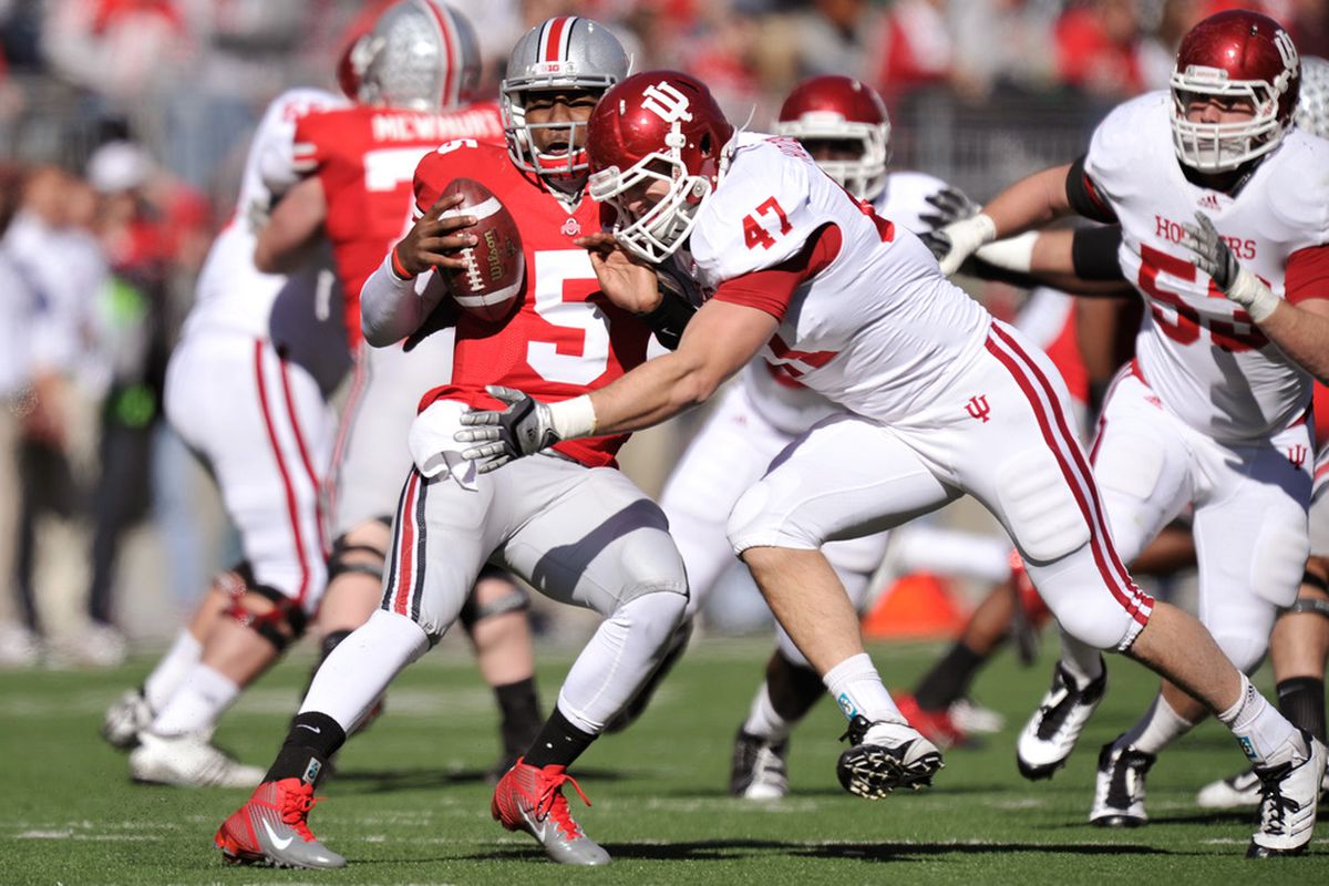 COLUMBUS, OH - NOVEMBER 5:  Chase Hoobler #47 of the Indiana Hoosiers sacks quarterback Braxton Miller #5 of the Ohio State Buckeyes in the first half at Ohio Stadium on November 5, 2011 in Columbus, Ohio.  (Photo by Jamie Sabau/Getty Images)