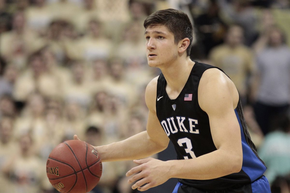 Feb 28, 2016; Pittsburgh, PA, USA; Duke Blue Devils guard Grayson Allen (3) brings the ball up court against the Pittsburgh Panthers during the first half at the Petersen Events Center.