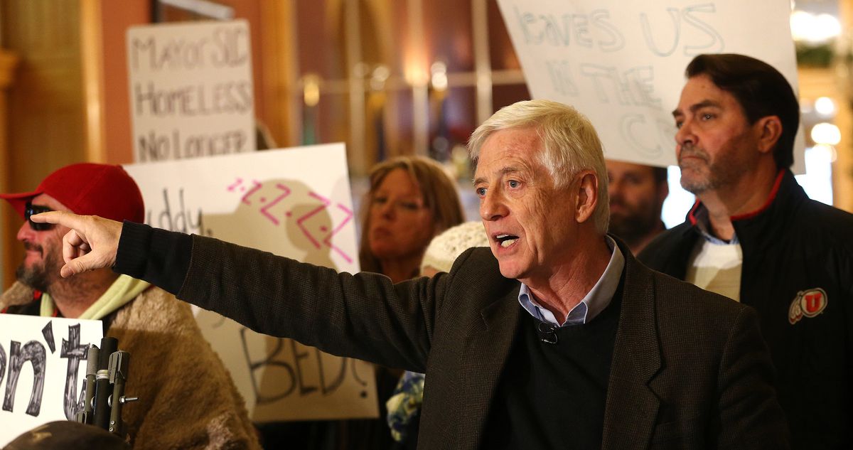 FILE - Former Salt Lake City Mayor Rocky Andersonon leads a protest for more homeless shelter space for those exposed to the cold of winter, at the City and County building in Salt Lake City on Friday, Dec. 9, 2016.