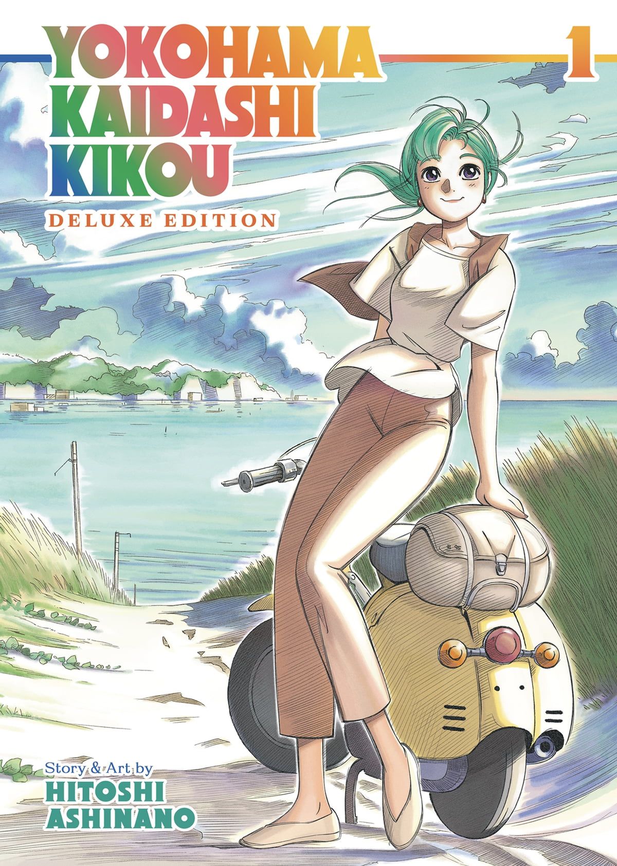 A young woman with sea green hair illustrated in manga style leans on a yellow vespa parked on a dirt road on the way to the beach in the cover for Yokohama Kaidashi Kikou: Deluxe Edition One