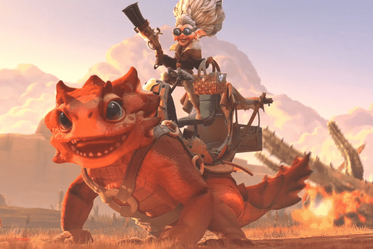 Dota 2 - a still frame of Snapfire, an upcoming Dota 2 hero, on her lizard mount. Snapfire is a smaller older woman with goggles and a large bun of hair. Her lizard mount is a red, friendly looking good boy.