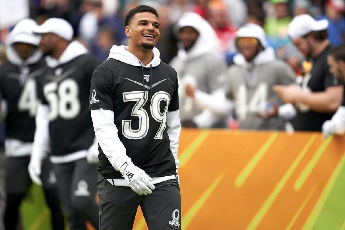 Minkah Fitzpatrick #39 of the Pittsburgh Steelers competes in the Epic Pro Bowl Dodgeball challenge at the 2020 Pro Bowl Skills Showdown Wednesday, Jan. 22, 2020, in Kissimmee, Florida.