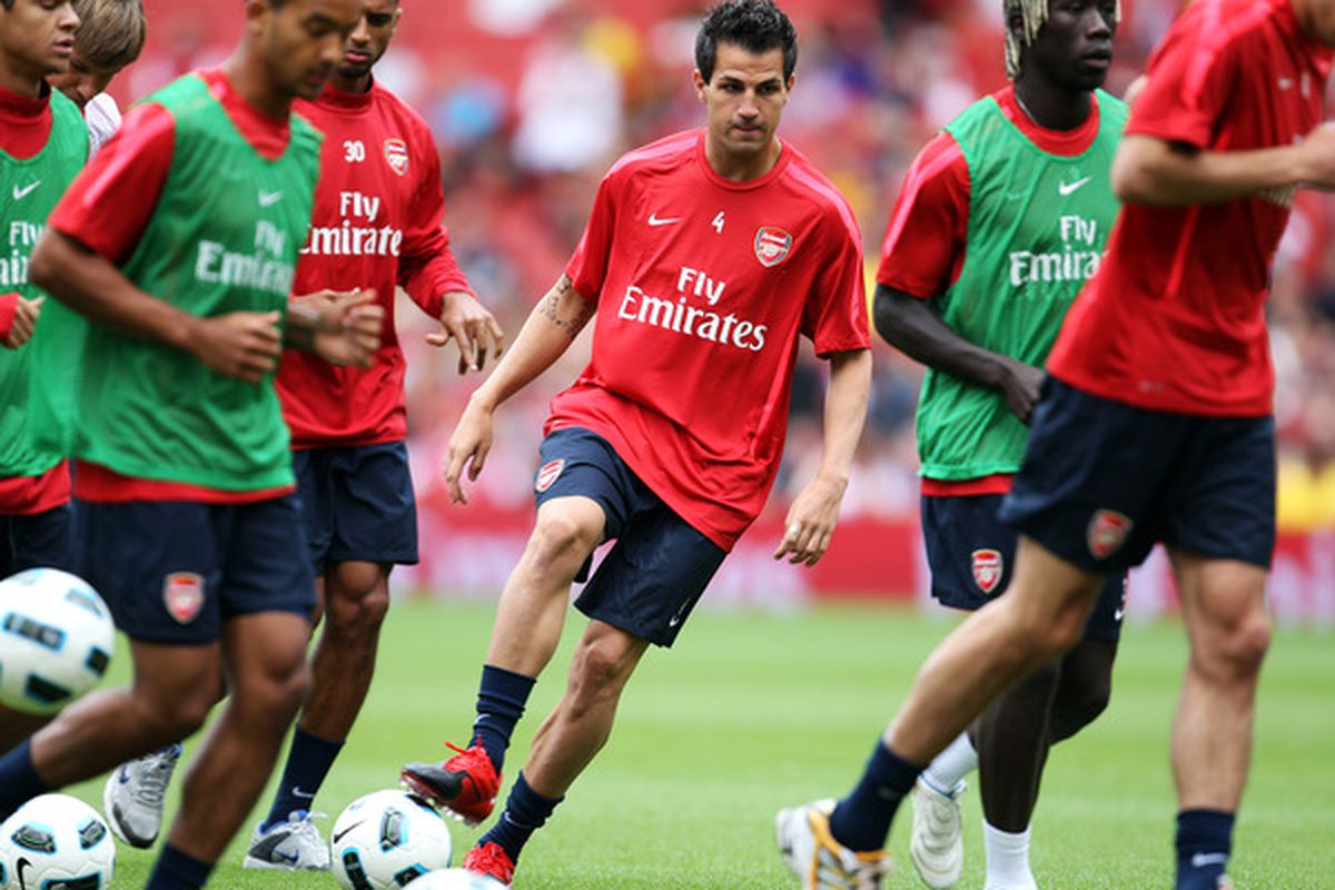 LONDON ENGLAND - AUGUST 05:  Cesc Fabregas of Arsenal trains with his team mates during an Arsenal open training session at Emirates Stadium on August 5 2010 in London England.  (Photo by Bryn Lennon/Getty Images)