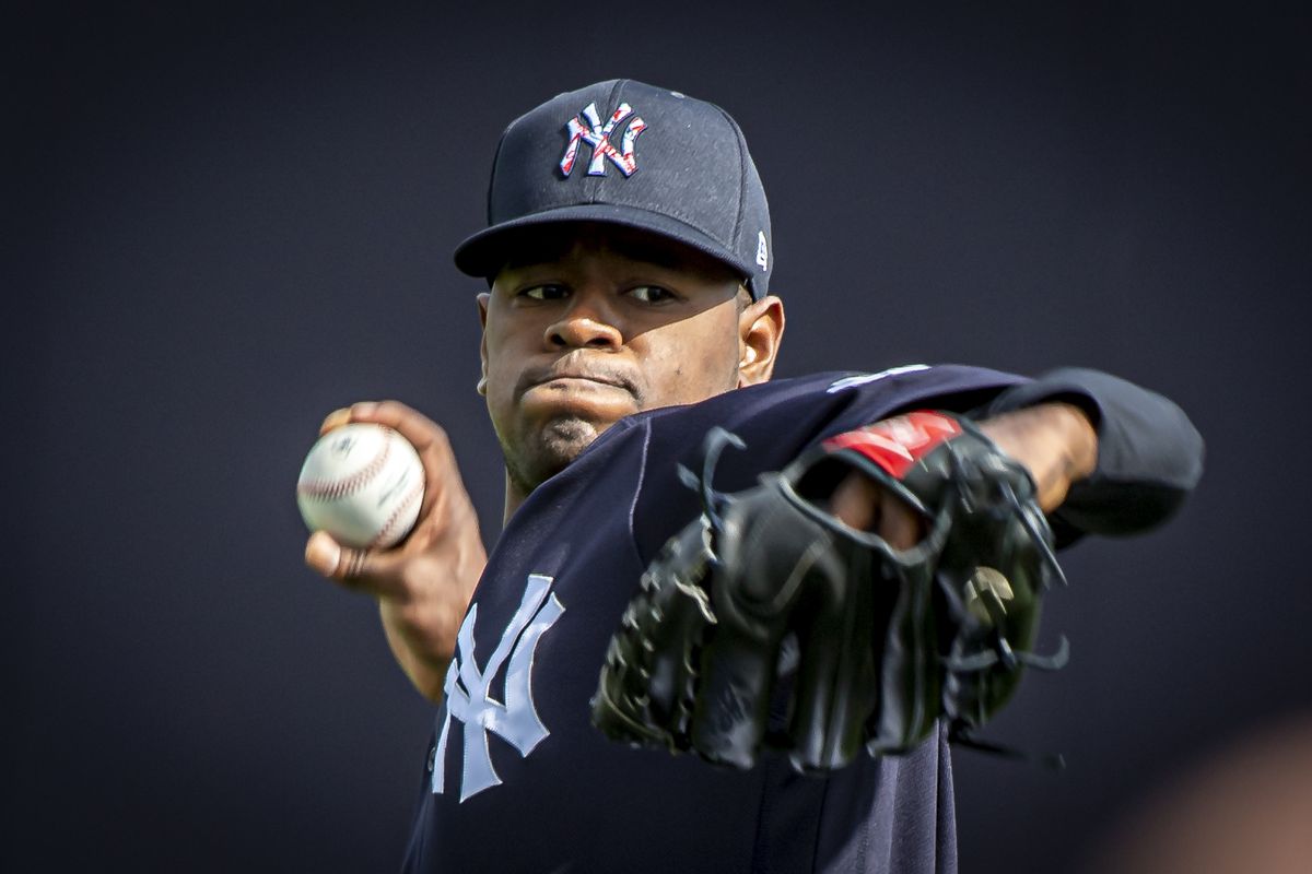 Luis Severino, the Yankees right-hander warms up his arm at spring training in 2020