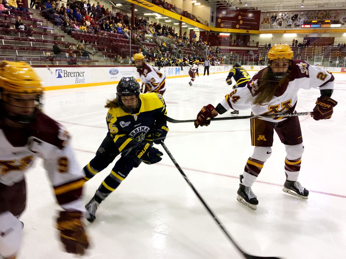 Minnesota and Merrimack players during second period of the 9/29/17 game.