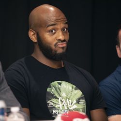 Arnold Adams makes a face at the BKFC 2 pre-fight press conference at Harrah’s Gulf Coast in Biloxi, Mississippi.