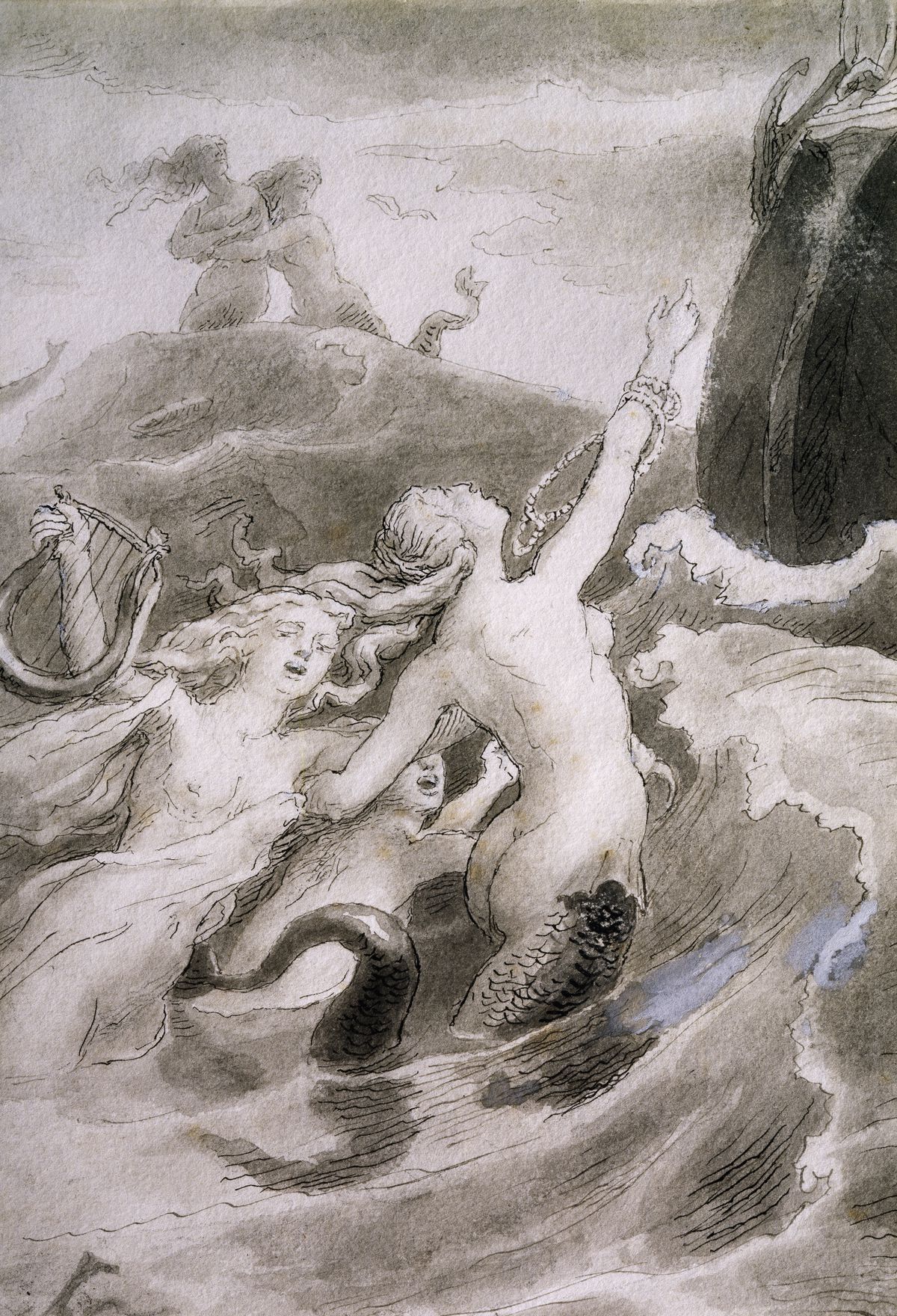 An 1800s ink and watercolor drawing of mermaids in rough seas, with two in the foreground clinging to a rock as a ship approaches, one singing and the other playing a lyre.