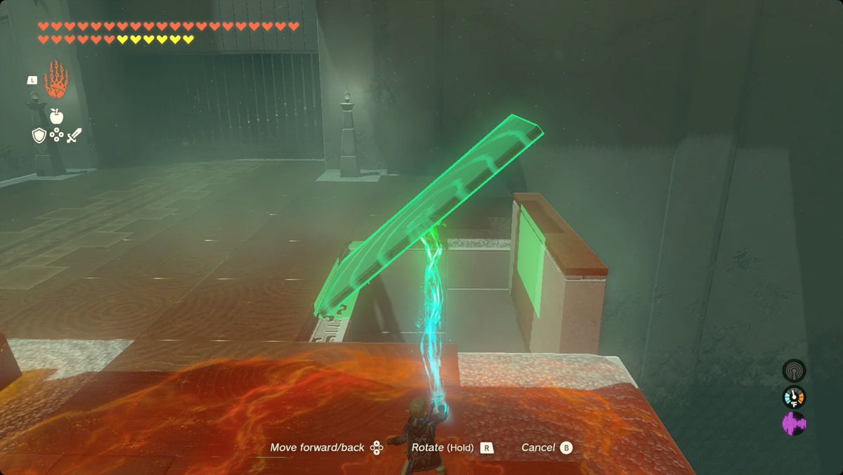 The Legend of Zelda: Tears of the Kingdom Link using Ultrahand to place a metal panel making a ramp in Ren-iz Shrine.