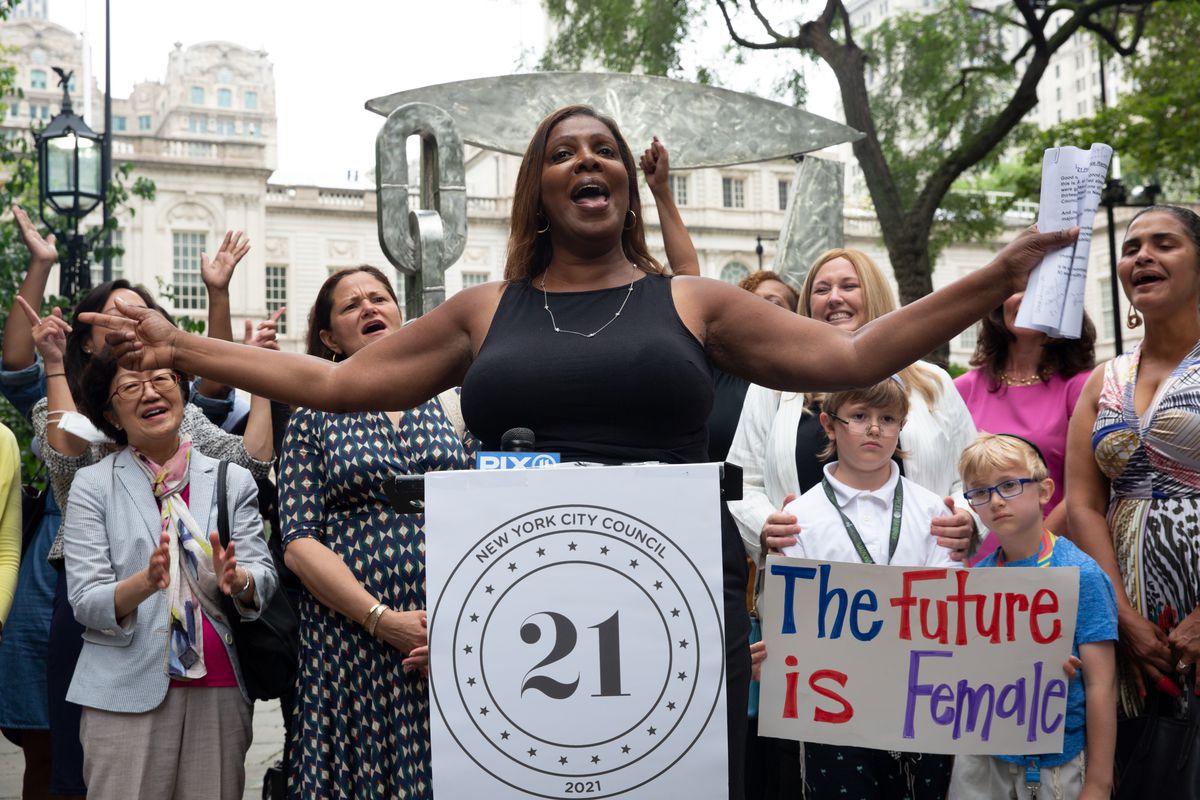 New York State Attorney General Letitia James speaks at a rally in City Hall Park supporting female candidates, July 13, 2021.