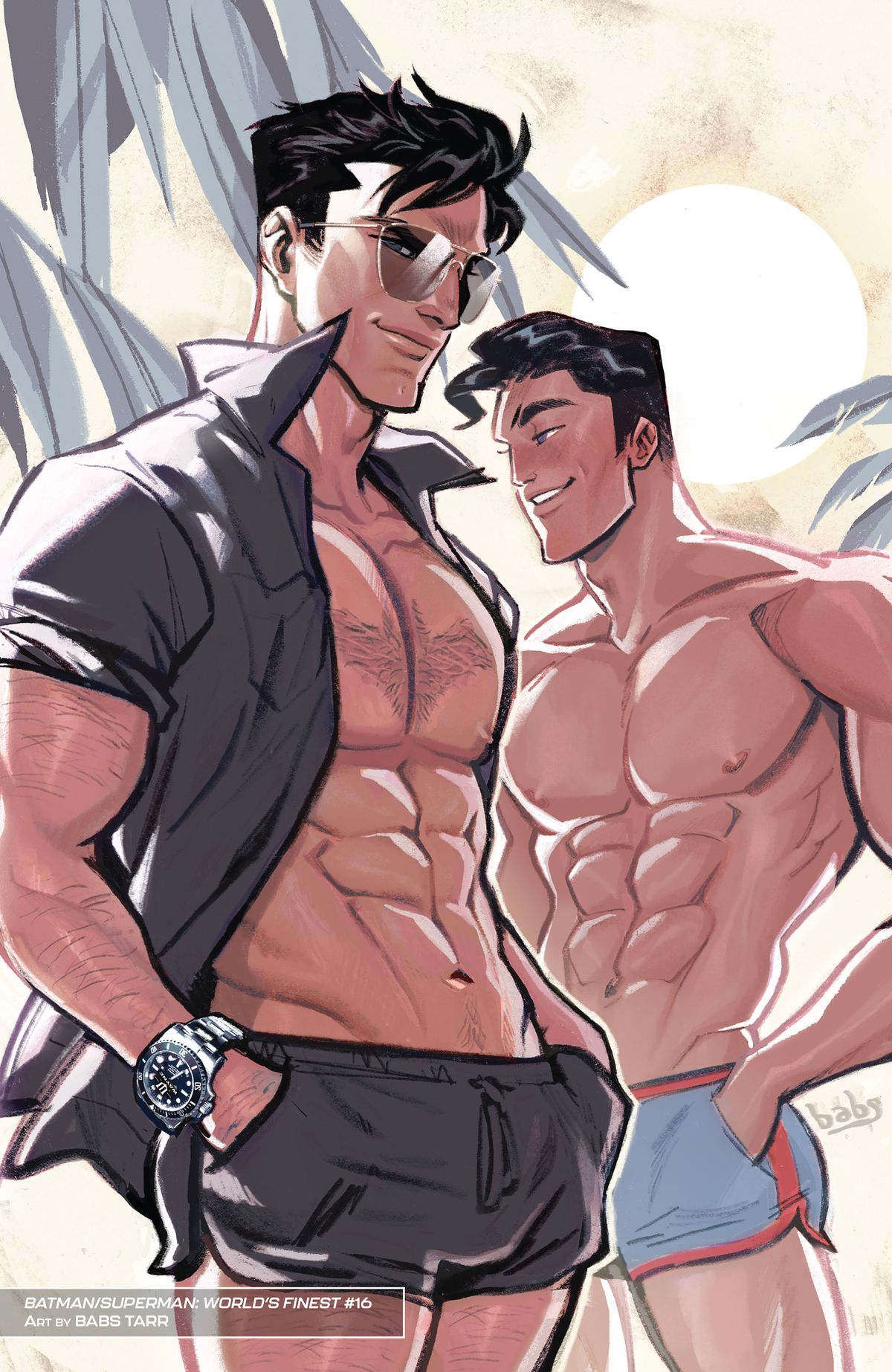 Batman and Superman stand like models, each wearing rather short swim trunks in the colors of their costumes. Batman is wearing sunglasses and a very expensive watch, and his chest hair is subtly trimmed in the shape of the bat symbol. 