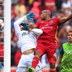 Real Salt Lake defender Jamison Olave (4) scores the winning goal by Seattle Sounders goalie Tyler Miller in Sandy on Saturday, March 12, 2016. Real won 2-1. 