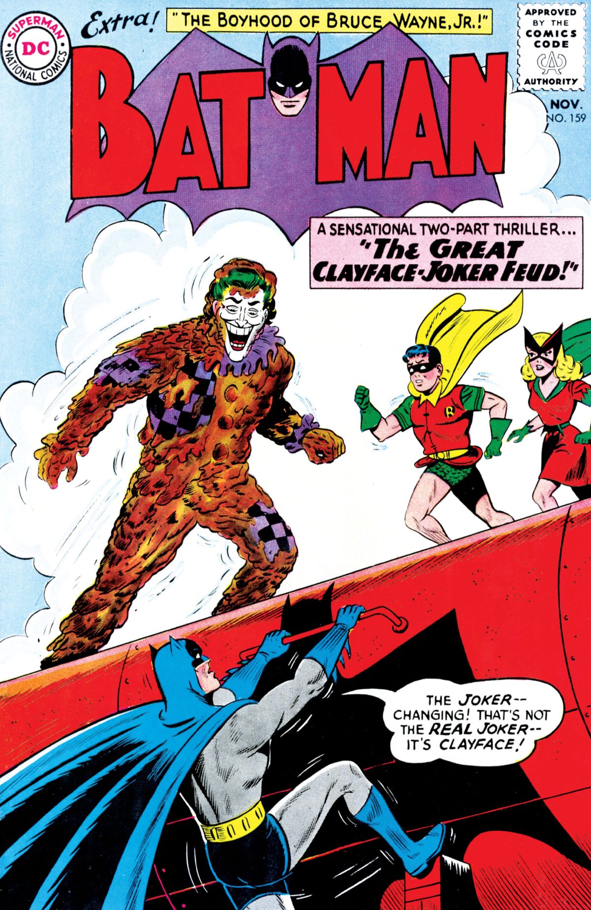 Robin and Bat-girl run onto the scene, a Clayface, masquerading as the Joker, menaces Batman on the wing of an airplane, on the cover of Batman #159, DC Comics (1963). 