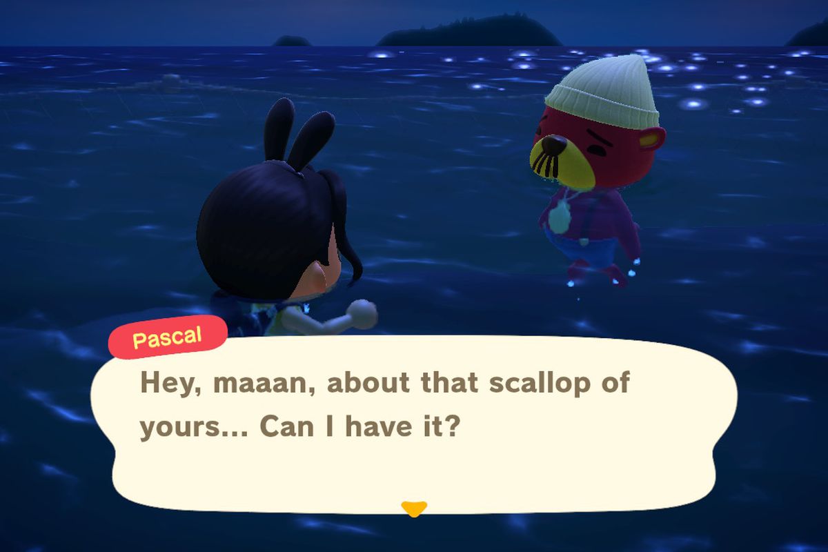 Pascal, a red sea otter, asks the Animal Crossing player if he can have a Scallop