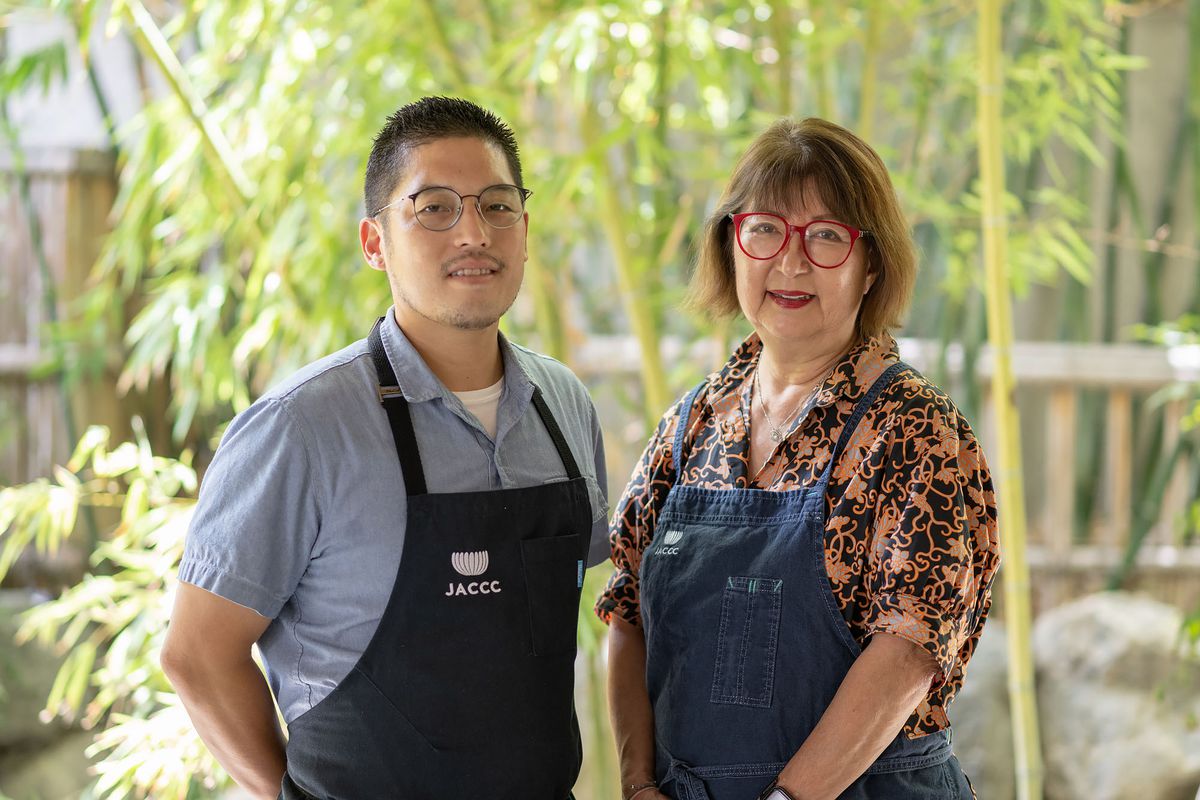 A portrait of Chef Chris Ono and Jane Matsumoto, head of culinary arts at JACCC.