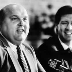 FILE - New Utah Basketball coach Rick Majerus, left,was introduced to the media by A.D. Chris Hill. April 4,1989.