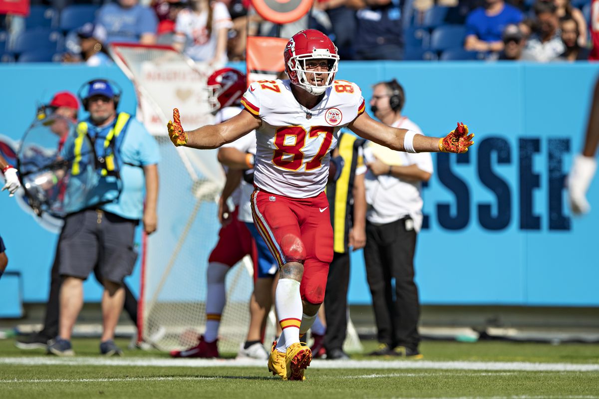 Travis Kelce #87 of the Kansas City Chiefs reacts to a no interference call during a game against the Tennessee Titans at Nissan Stadium on October 24, 2021 in Nashville, Tennessee. The Titans defeated the Chiefs 27-3.
