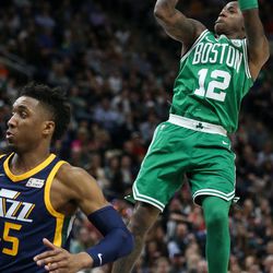 Boston Celtics guard Terry Rozier (12) shoots during the game against the Utah Jazz at Vivint Smart Home Arena in Salt Lake City on Wednesday, March 28, 2018.